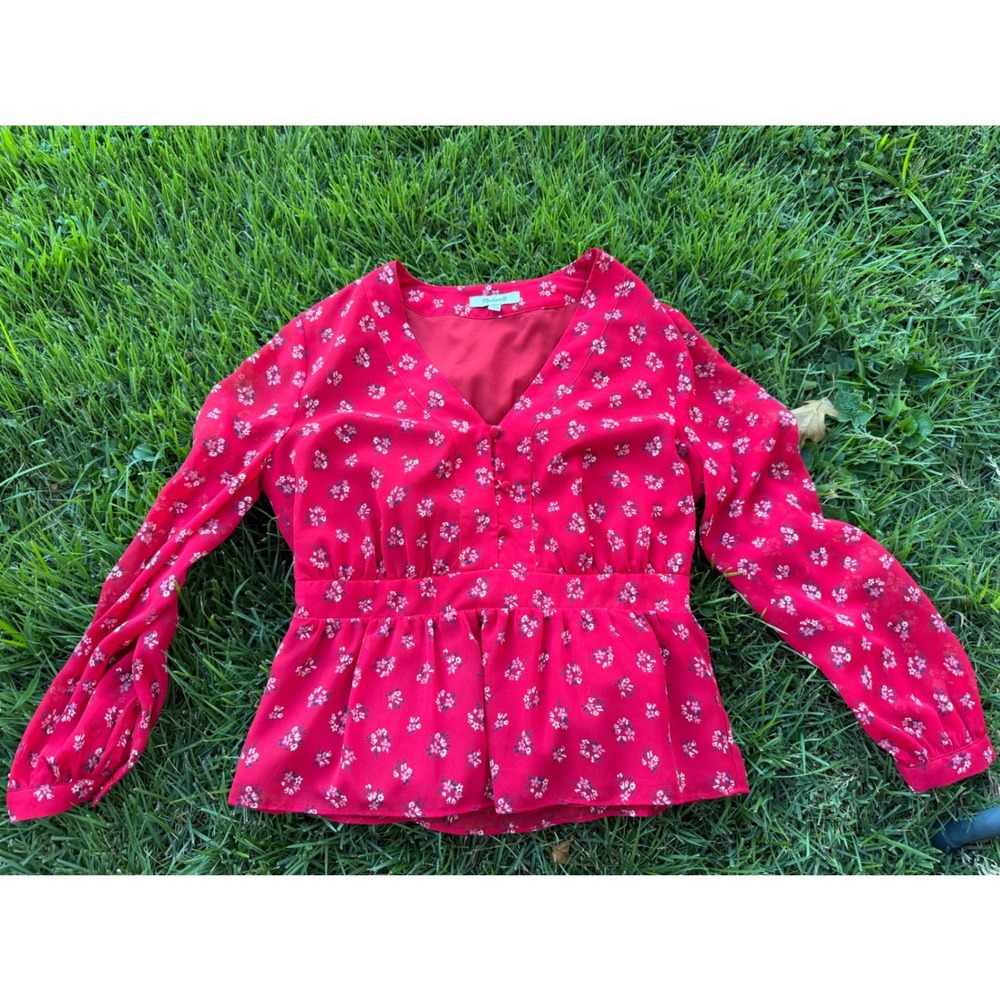 MADEWELL Red Floral V-Neck Peplum Top Boho Long Sleeve Chiffon Blouse Small